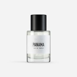 A clear, glass bottle with a black cap, containing a light-colored liquid. The bottle is labeled "PANAMA - Eau de Parfum".