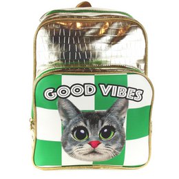  A green and gold backpack with a cat graphic and the text "Good Vibes" printed on it.