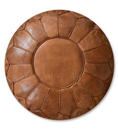  Caramel brown leather pouffe, extra large size, round shape, tufted design, suitable for use as an ottoman or footrest.