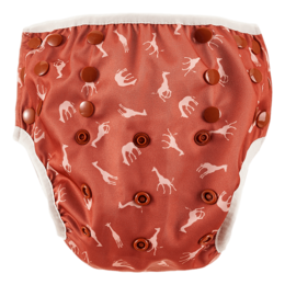 Swim diaper with a Savanna-inspired animal print pattern in shades of orange and red. Made of soft, breathable material for comfortable wear.