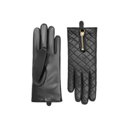 Quilted leather gloves in cognac, black, chocolate, plum, dark navy, and burgundy colors, available in sizes 6 to 8.5. The gloves feature a cashmere lining and a quilted design.