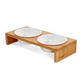 "Elevated cat bowl set with two ceramic bowls and a bamboo stand. Suitable for food and water."