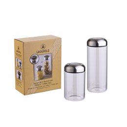  Two stainless steel and glass food storage containers in a box. The containers have a cylindrical shape with a metal lid.