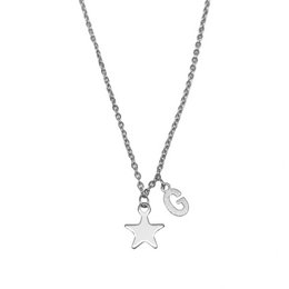 Silver-colored necklace with a star-shaped pendant and a letter charm. The necklace features a delicate chain and a minimalist, elegant design.