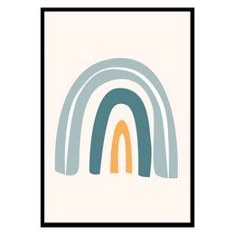Colorful rainbow-shaped wall art poster for children's room decor. Features pastel blue, green, and orange arches on a light background. Available in multiple sizes to fit any space.