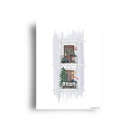 A Christmas-themed postcard featuring a cozy balcony with a decorated tree, wreath, and other festive elements.