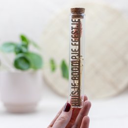 A decorative glass tube filled with dried flowers, leaves, and other natural elements, creating a whimsical and rustic display piece for home decor.