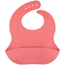 A soft, silicone bib in a vibrant pink color with a flamingo design. The bib has a wide, adjustable neck strap and a deep pocket to catch spills.