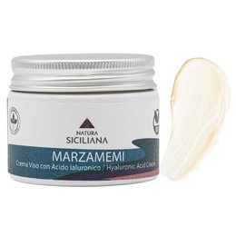 Anti-age face cream with hyaluronic acid in a white jar with a silver lid. The cream is a light, creamy color.