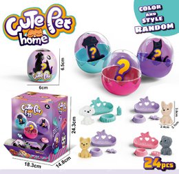 Surprise egg toy with collectible puppies, colorful eggs, unboxing pet figures, rainbow colors.