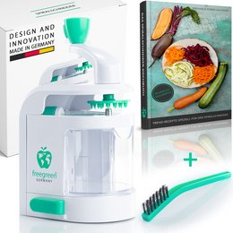 The spiral cutter is a food processor designed for slicing and shredding vegetables and fruits. It features a compact, modern design with a green and white color scheme. The product includes a set of stainless steel blades for efficient cutting and shredding.