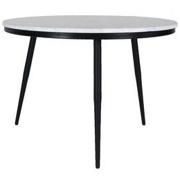 Round coffee table with a marble top and black metal legs. Measures 65 cm in diameter.