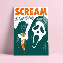 Scream it's your birthday! This birthday card features the iconic Scream mask in a vibrant, stylized design. The card has a bold, eye-catching look that would be perfect for a horror-themed or spooky birthday celebration.