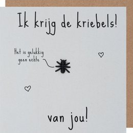  Greeting card with a playful spider design and the text "Ik krijg de kriebels!" (I'm getting the jitters!) in Dutch. The card conveys a lighthearted and whimsical sentiment.