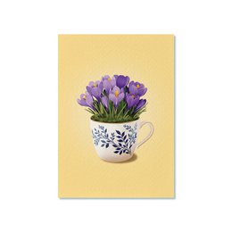 Vibrant tulip bouquet in a turquoise vase on a postcard.