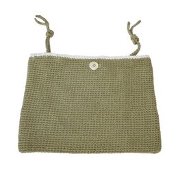 Olive green crocheted storage bag for kids, with rope handles.