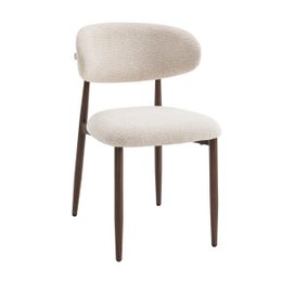  Beige upholstered dining chair with walnut-colored wooden legs and frame. Rounded, padded backrest and seat provide comfort.