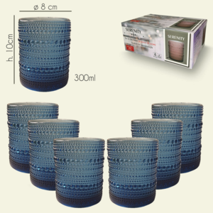 Arca Serenity Waterglas 300ml, blauw, set van 6 stuks, verpakt in een giftbox