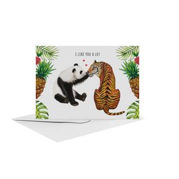 A hand-painted greeting card featuring a panda and tiger in a tropical setting, with the text "I like you a lot" written on it. The card is A6 size and part of the Friendship Cards category.