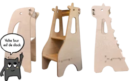 Wooden Montessori learning tower with animal designs, including a giraffe, dragon, and penguin. The tower features a sturdy, step-like design to allow young children to safely access countertops and tables.