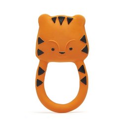 Soft, orange tiger-shaped teether with textured surface and rounded shape for easy grasping. Suitable for babies to soothe sore gums during teething.