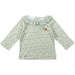 The ABANDA TEE is a baby shirt featuring a microflowers all-over print pattern in a soft, mint green color. The shirt has a ruffled neckline and long sleeves, making it a comfortable and stylish option for infants.