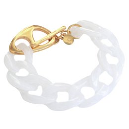 White gold chain bracelet with a gold clasp and charm.