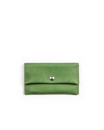 A large, green leather wallet with a snap closure and a zipper pocket. The wallet is made of high-quality materials and has a classic, minimalist design that would be suitable for both casual and formal wear.