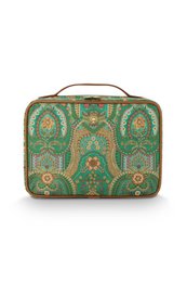  Green toiletry bag with intricate paisley pattern in shades of green, orange, and gold. Rectangular shape with a top handle for easy carrying.