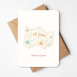  Colorful camping-themed friendship card with a map graphic and the text "Camp | Card" and "Kamp".