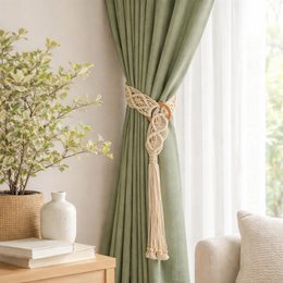  Sage green cotton curtain tieback with natural jute rope knot detail, bohemian macramé style, pack of two.