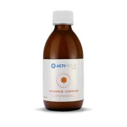 Liposomal B complex supplement in a brown glass bottle. The bottle has a white cap and the Actipro logo is visible. The image also shows various icons representing the product's features such as vitamins, minerals, and antioxidants.