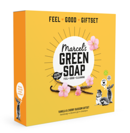  "Vanilla & Cherry Blossom Gift Set - A fragrant and nourishing gift set featuring a variety of green soap products with natural ingredients."

The product images show a gift set containing various green soap products, including a hand soap and body wash. The set has a vibrant orange and yellow color scheme, with illustrations of flowers and other natural elements. Based on the product title and images, the key details that can be included in a search-friendly description are:

Colors: Orange, yellow
Materials: Natural, green soap
Style: Gift set, floral
Scents: Vanilla, cherry blossom

This gift set would be suitable for those looking for natural, fragrant soap products, particularly as a gift. The description highlights the key product features that would be relevant for an e-commerce search.