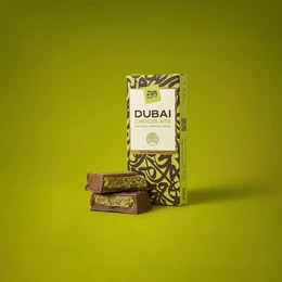  Milk chocolate pistachio kunafa mini bar, brown chocolate pieces, gold drizzle pattern, rectangular shape, luxury gift packaging