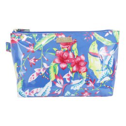  Large toiletry bag with tropical floral print in vibrant colors of red, green, and blue. Features a zipper closure and is suitable for storing cosmetics, toiletries, and other personal items.