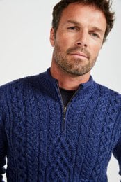 Navy blue men's sweater with a zip-up collar and cable knit pattern.