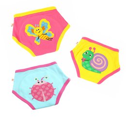  Colorful, patterned training pants for girls featuring cute garden creature designs like a butterfly, snail, and ladybug. Made of soft, breathable material for comfort during potty training.