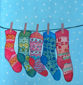 Luxuriöse gefaltete Weihnachtskarten | Bunte gestrickte Socken-Weihnachtskarte | Frohe Winterkarte
