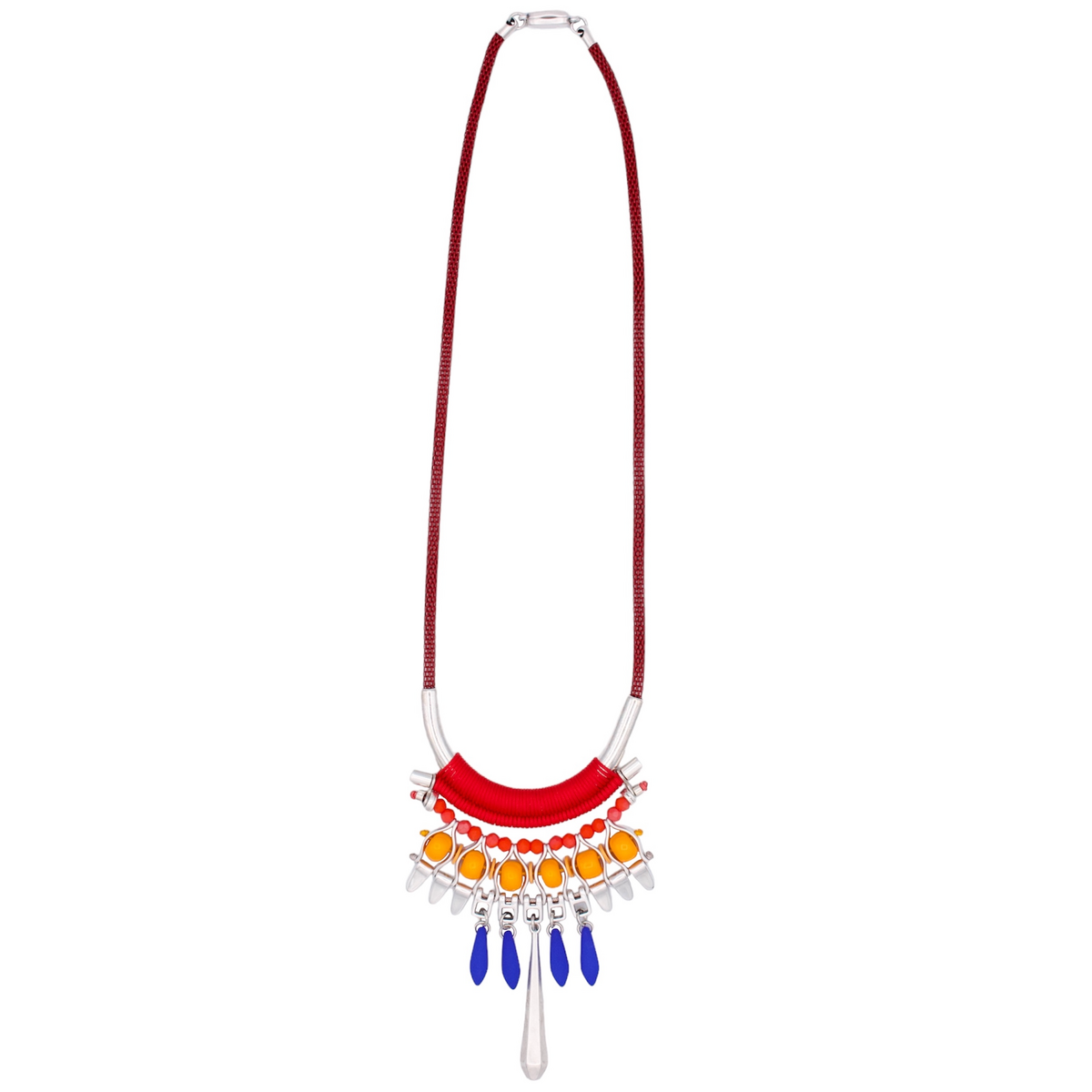 MEXICO red and blue statement necklace with colorful beads and pendants