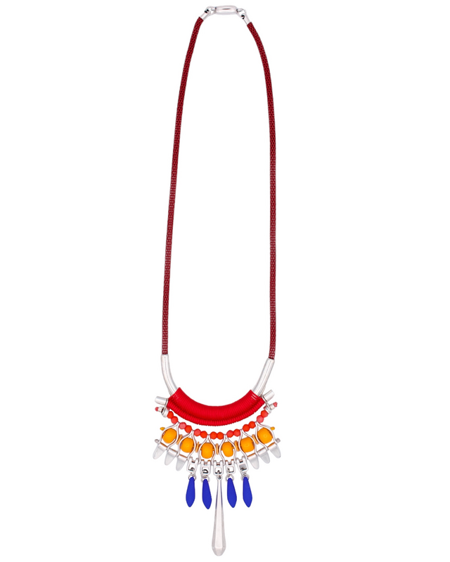 MEXICO red and blue statement necklace with colorful beads and pendants