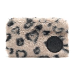  Soft, plush makeup pouch with leopard print pattern. Zippered closure for secure storage of cosmetics and personal items.