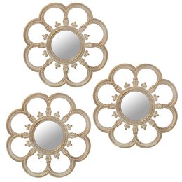 Set of 3 white melamine wall mirrors with floral design. Decorative mirrors with intricate flower-shaped frames in a light, neutral color palette. Suitable for adding a touch of elegance and style to any room.