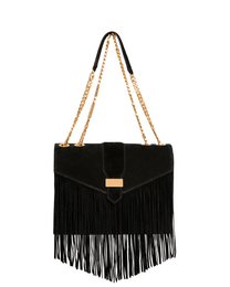 Black suede handbag with long fringe and gold-tone chain straps.