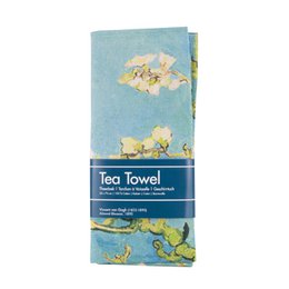 Tea towel featuring a floral design inspired by the artwork of Van Gogh, with almond blossoms in shades of yellow and white against a light blue background.