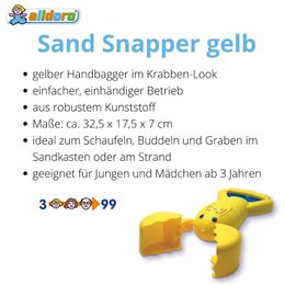 Sand Snapper, recogedor de arena amarillo con diseño de cangrejo