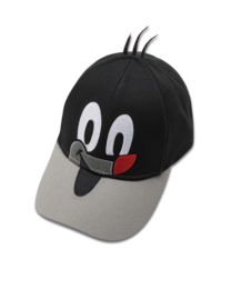 Black and gray baseball cap with a cute cartoon character design featuring large eyes and a protruding tongue.