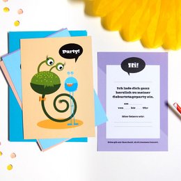 Colorful and whimsical children's birthday party invitation cards featuring cute monster designs. The cards have a playful style with vibrant colors, fun shapes, and expressive monster characters.