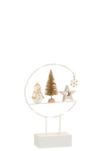 J-Line Semicircle On Foot + LED Snowman Wood White/Gold
