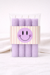  Purple dinner candles set of 4, smiley face design, lilac color, wooden holder