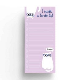 A to-do list notepad featuring a cute grumpy cat design with glasses, in shades of pink and purple.
